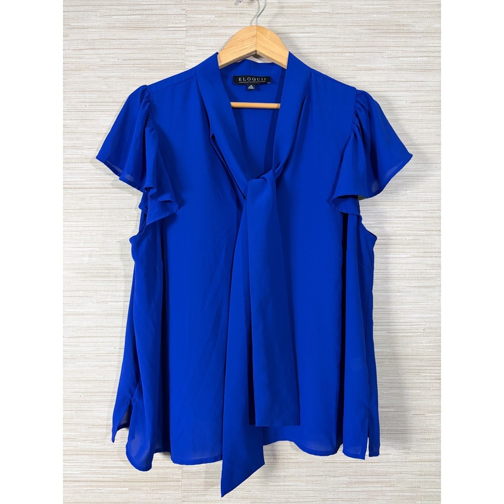 Eloquii Blouse Top Womens 18 Royal Blue Chiffon Ruffle Sleeve Tie Neck Pullover